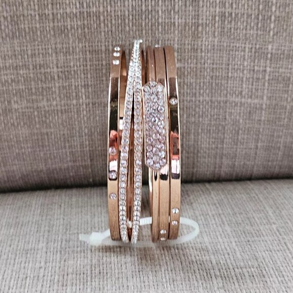 Bangles Bracelet Set of 5 Gold Tone Fashion Jewelry Crystals Accent Wrist Band - Picture 3 of 10